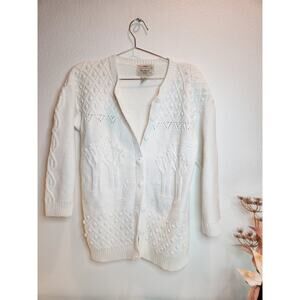 vintage‎ Yarnworks Handknit Ramie Cotton Cardigan Sweater White Textured Knit M